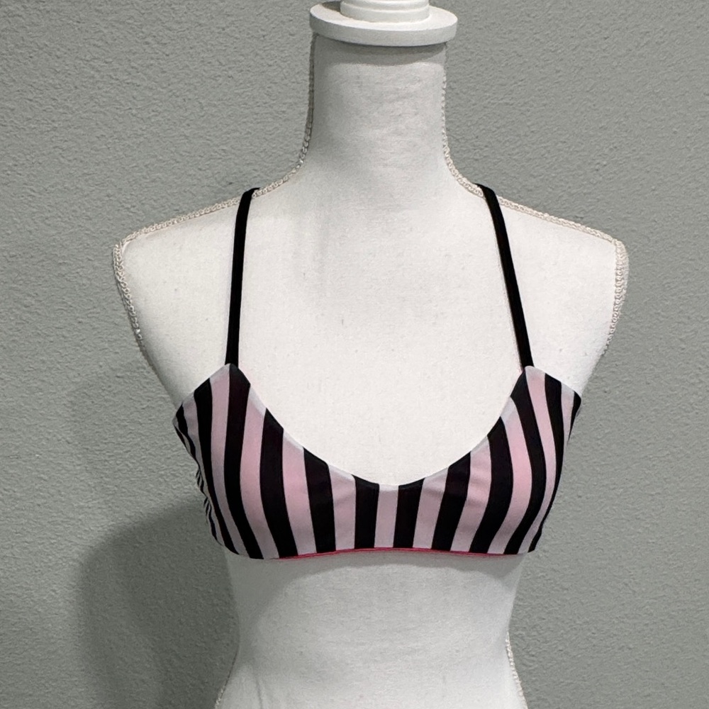 Striped Pink and Black Bikini Top with Thin Black Straps